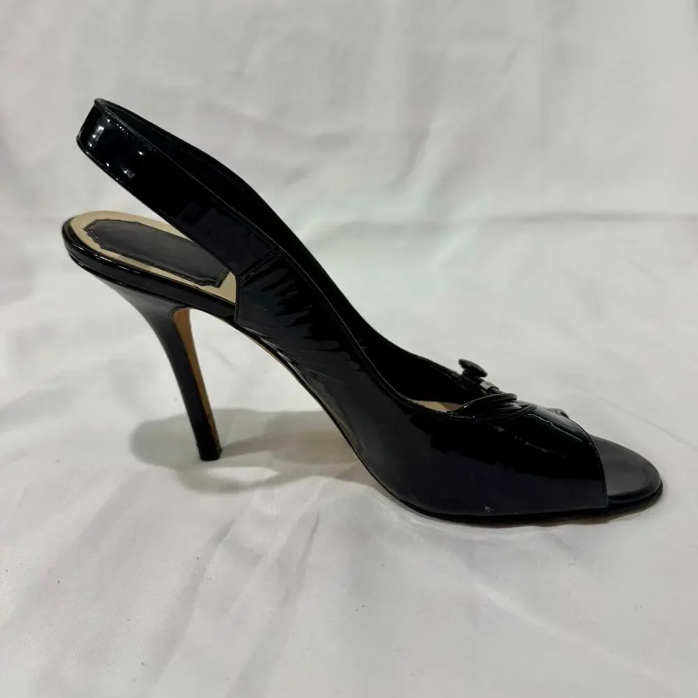 Christian Dior Black Patent Leather Peep Toe Slingback Heel Single Shoe 38.5